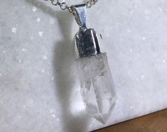 Raw Quartz Crystal Necklace - Silver Dipped Electroplated Gemstone Pendant - Simple Minimalist Bridesmaid Gift