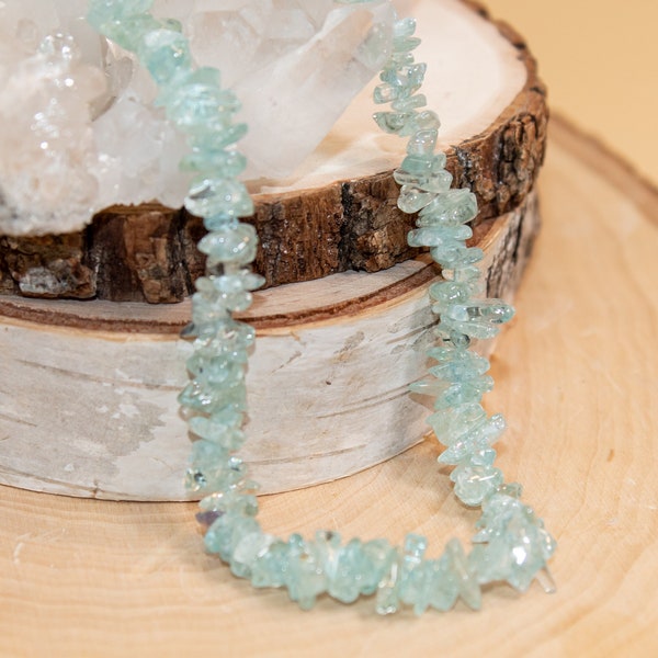 Aquamarine Crystal Necklace | Long Beaded Necklace | March Birthstone Necklace | Chunky Everyday Necklace for Layering