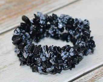 Black Obsidian Bracelet | Snowflake Obsidian Black Beaded Bracelet | Obsidian Crystal Black Bracelet for Women | Black Obsidian Crystal