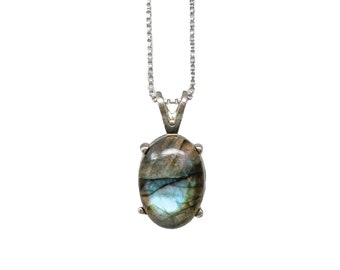 Collier fait main en labradorite en argent 925 pour femme | Pendentif en pierre précieuse de cristal bleu labradorite véritable | Collier de bijoux païens en argent 925