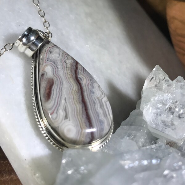 Mexican Crazy Lace Agate Gemstone Pendant // Teardrop Shape Sterling Silver 38x26mm // Gift For Her //