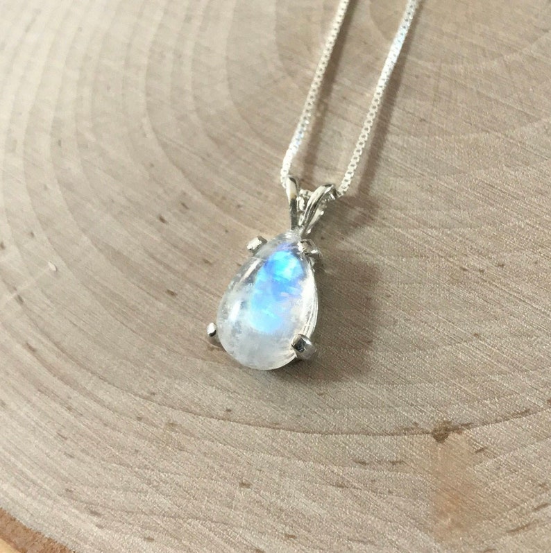 Rainbow Moonstone Pendant - Dainty Blue Moonstone Necklace - Sterling Silver 12x8mm Teardrop Birthstone Jewelry 