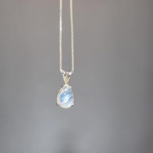 Pear Rainbow Moonstone Gemstone Necklace in Sterling Silver | Wiccan Necklace for Women | Dainty Blue Moon Teardrop Pendant