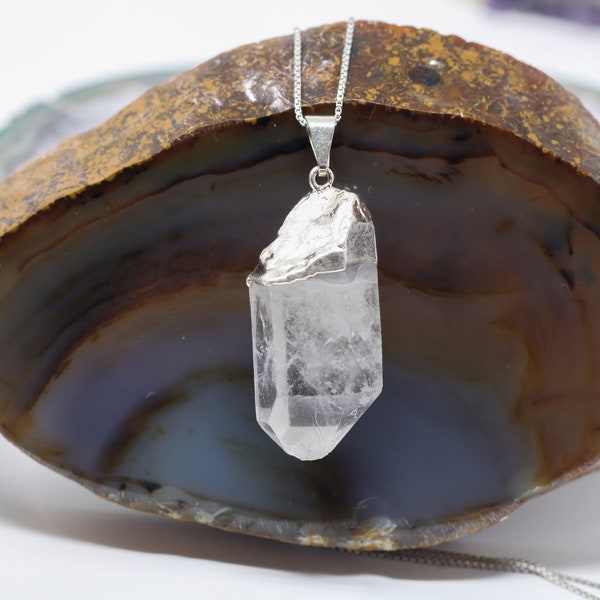 Raw Quartz Crystal Necklace Pendant for Women | Sterling Silver Clear Quartz Healing Necklace | Crystal Necklaces Witchcraft