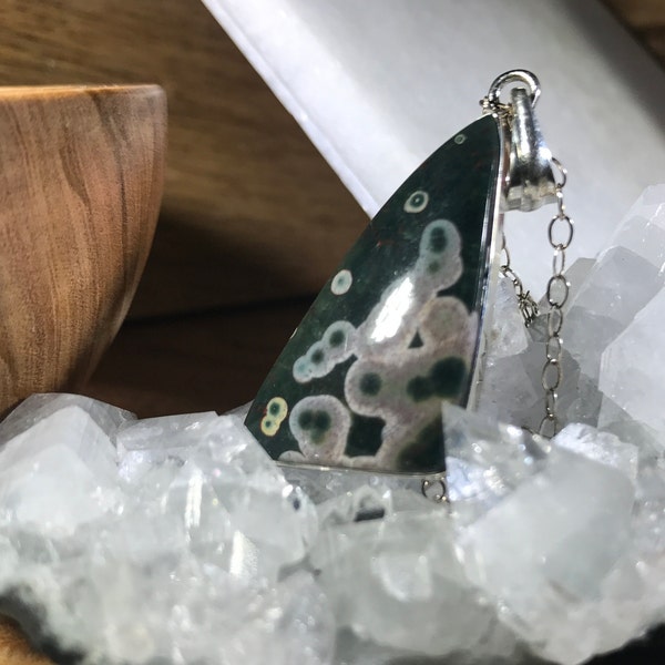 Triangular Ocean Jasper Gemstone Pendant // Sterling Silver Setting 37x24mm // Women's Gift //