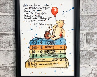 Winnie the Pooh Bookstack| A4  print | Unframed | A A Milne Books| Wall Art Childs Room| Nursery Art | Gift for a child |
