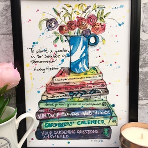Gardener&#39;s  Book stack Print | Gardner gift | Gift for gardener |Garden | Flowers | Books and Garden |