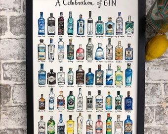 Celebration of Gin Print | A3 | Gin Art | Hand Painted Images| Wall Art |Art for a Gin lover | Gin Art | Unframed