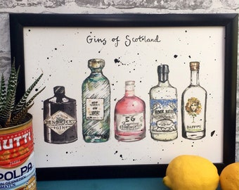 Gins of Scotland Print  | Scottish Gins | Scotland | Gin and Tonic | Gin Print Scottish Gin Print | Gin Lover |  Gin Kitchen print