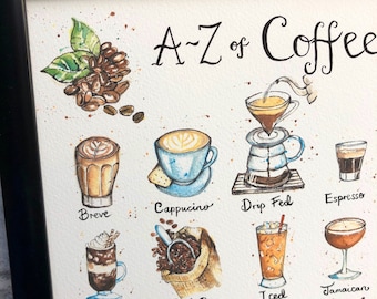 A-Z of Coffee Print | A4 size | Gift for a coffee lover | Coffee Art| Kitchen Art |Unframed