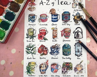 A-Z of Tea Print |Teas of the World |Unframed A4 Print |