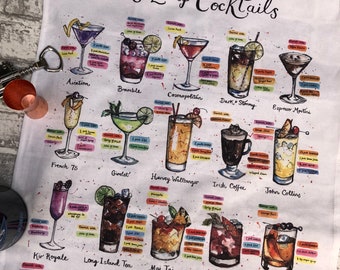 A-Z of Cocktails Tea Towel | Cocktail lover gift | Bar gift | New Home Gift | Gift for a Cocktail Maker