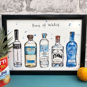 Gins of Wales print A4 Gin Art Welsh Gin Gift Gift Wales Gin Gift Bar Art image 1