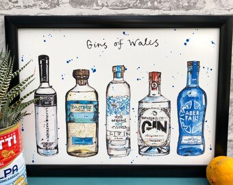 Gins of Wales print| A4 | Gin Art | Welsh Gin Gift | Gift Wales| Gin Gift| Bar Art