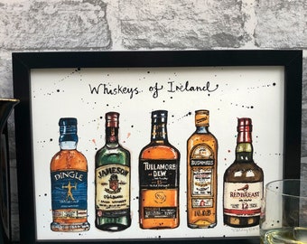 Whiskeys of Ireland print| Whiskey lover|Gift for a Whiskey drinker|Irish Whiskey|Bar Art| Whisky|Ireland