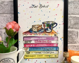 Baker's  Bookstack |  Unframed | Bakers gift | Baking fan | Bake Off | Kitchen Gift | Cake Lover Gift | Gift for a Baker