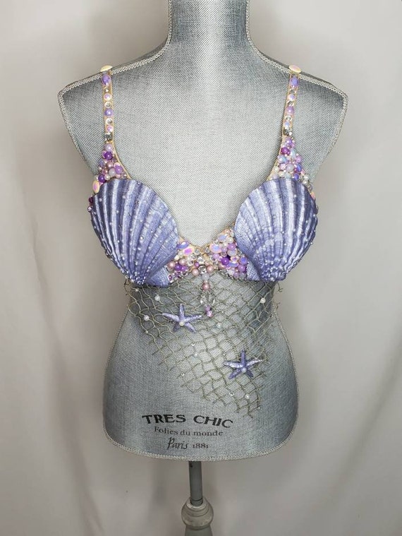 Lavender & Purple crystal mermaid bra, theme wear, rave bra