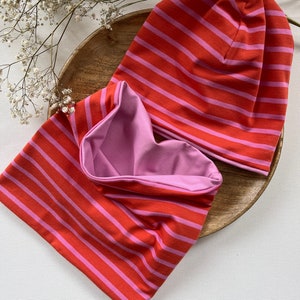 Loop Beanie Halsduk Barn "S T R I P E S", dubbelt lager orange rosa