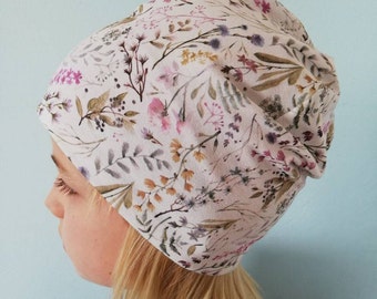 Beanie "Meadow Flowers" for baby child girls, spring hat, double-layered
