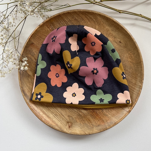 Beanie " Flower Power“ für Baby Kind Mädchen, Mütze Frühling, doppellagig Anthrazit bunt