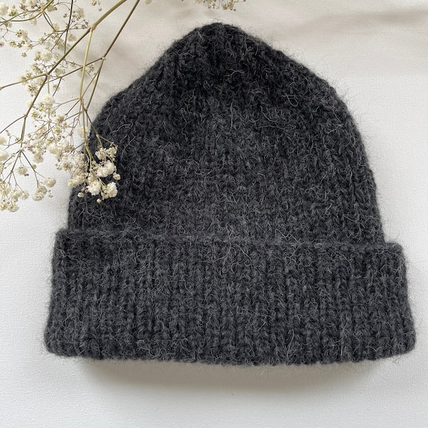 Slouch Beanie, Strickmütze Frauen aus Alpaka und Schurwolle, anthrazit