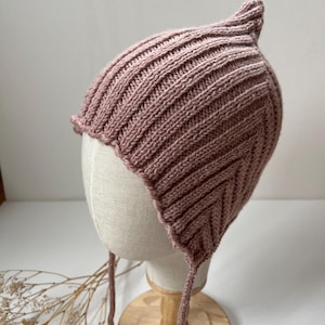 gebreide dwergmuts, pixie muts voor baby's en kinderen, babymuts van merinowol, roze
