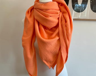 XXL mousseline sjaal met cantaloupe-meloenprint, driehoekig model, biologische mousseline, damessjaal, moederhanddoek, yogahanddoek, pareo, oranje