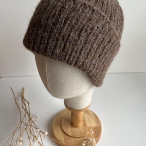 Bonnet Slouch, bonnet tricoté pour femme en alpaga et laine vierge, marron