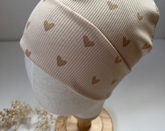 Gorro hipster "corações" para bebé criança em malha canelada com/sem etiqueta bege