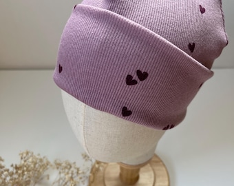 Gorro hipster "corações" para bebê infantil em malha canelada com/sem etiqueta roxa