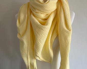 XXL mousseline doek LEMON FIZZ driehoekige sjaal van biologische mousseline voor dames, sjaal met rozenprint, moedershanddoek, yogahanddoek, pareo lichtgeel