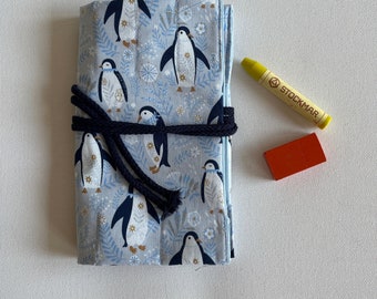 Roll-up pencil case Waldorf "Penguin", Waldorf pencil case, pencil roll for 16 wax crayons and 10 blocks, gift for school enrollment