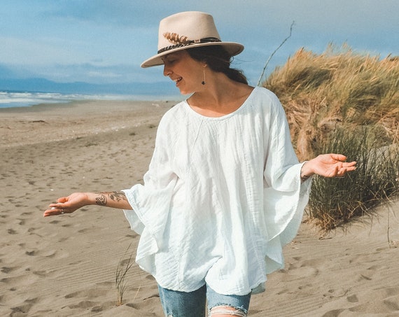 Cotton Poncho-Style Sleeved Top in WHITE // Yoga, Ceremony, Goddess / Fluffy, Breathable, Free-Moving Elegance