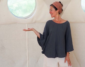 Cotton Poncho-Style Sleeved Top / Fluffy, Breathable, Free-Moving Elegance!