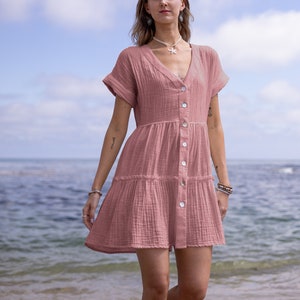 Rose Farbe kurzes Baumwollkleid, Mini, Boho Sommerkleid, leicht & fließend