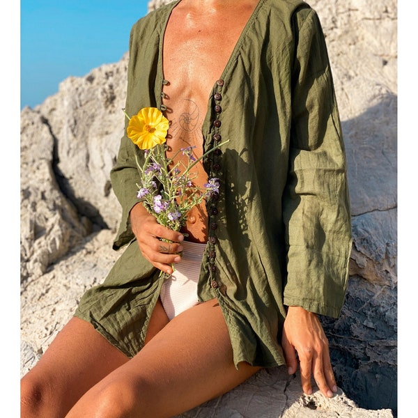 Women's Cotton Button Top // Green Long-Sleeve Boho Top Natural Fiber 100% Cotton Gauze Top Lightweight Breathable Summer Vacation Blouse