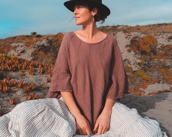 Cotton Poncho-Style Sleeved Top / Fluffy, Breathable, Free-Moving Elegance!