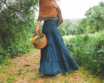 Tiered Pocket Skirt / 100% Cotton All Natural Fiber Elastic Waistband / Romantic Skirt Breathable Elegance!