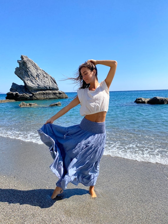 Ocean Blue Tiered Pocket Skirt / 100% Cotton All Natural Fiber Elastic  Waistband / Romantic Skirt Breathable Elegance!