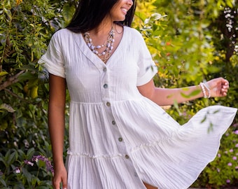 Summer Sunflower Dress | Breathable Comfortable Boho Mini Dress | 100% Cotton | Flirty and Fun | Pockets | Beachwear |