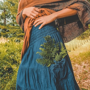 Tiered Pocket Skirt / 100% Cotton All Natural Fiber Elastic Waistband / Romantic Skirt Breathable Elegance OCEAN 31"