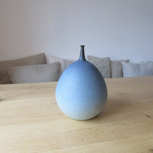 May include: A light blue ceramic vase with a rounded shape and a textured surface. The vase has a narrow neck and a wide base.