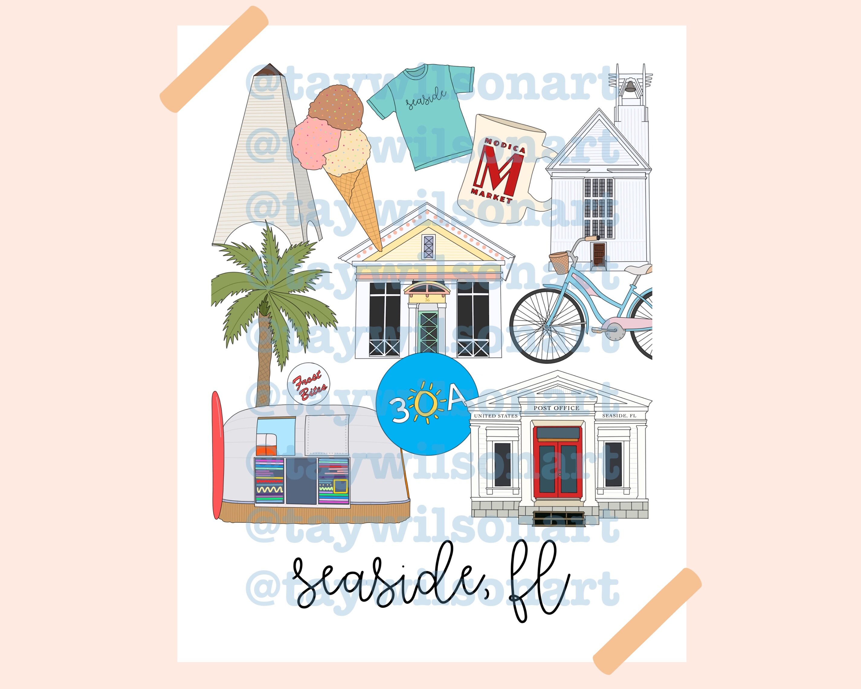 Seaside Florida City Wall Art 30A Illustration Etsy