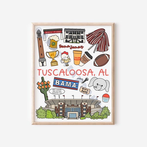 Tuscaloosa, Alabama Art Print | University of Alabama Football | Bama Student Dorm Decor or Graduation Gift | 8x10, Unframed, Archival Paper