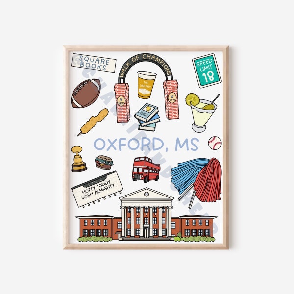 Oxford, Mississippi Art Print | University of Mississippi | Ole Miss | Gift for Student, Graduate, Alumni | 8x10, Unframed, Archival Paper