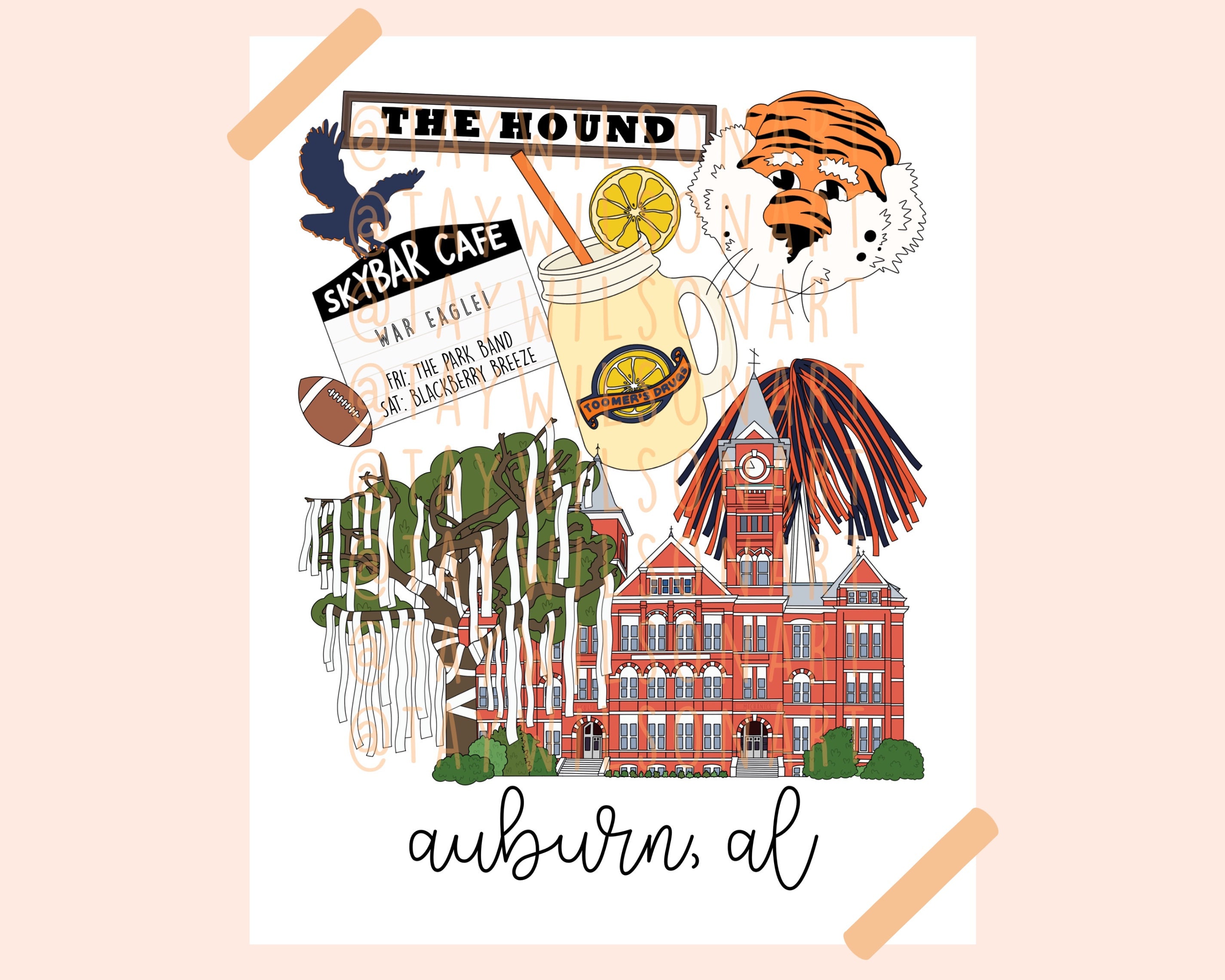 Auburn Alabama City Wall Art Auburn University Illustration Etsy