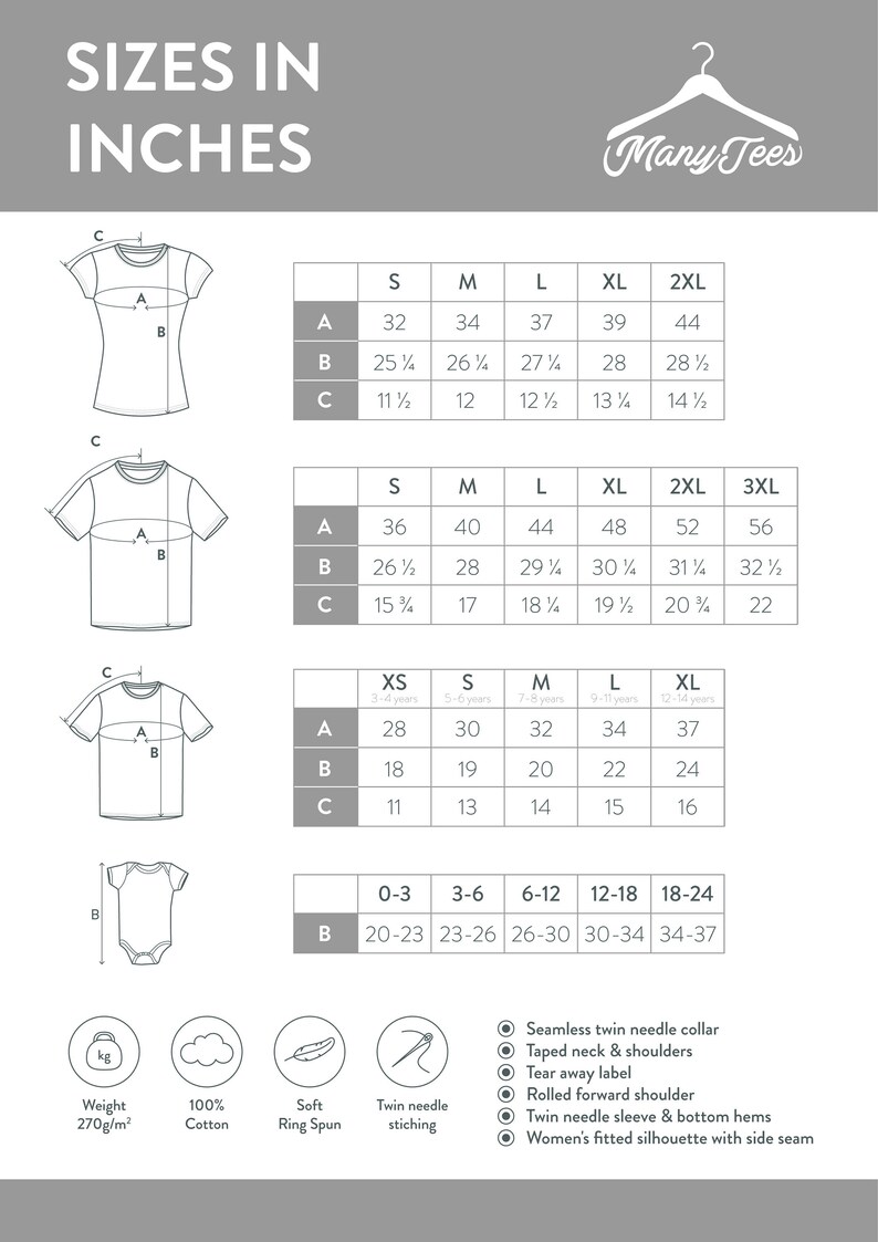 Puede incluir: Tabla de tallas para camisetas en pulgadas. La tabla muestra las medidas para diferentes tallas, incluyendo XS, S, M, L, XL, 2XL y 3XL. La tabla tambi&eacute;n incluye las medidas para bodies de beb&eacute; en tallas 0-3, 3-6, 6-12, 12-18 y 18-24. La tabla incluye detalles sobre la tela, como el peso y el tipo. La tabla tambi&eacute;n incluye detalles sobre la construcci&oacute;n, como la costura de doble aguja y los hombros enrollados hacia adelante.