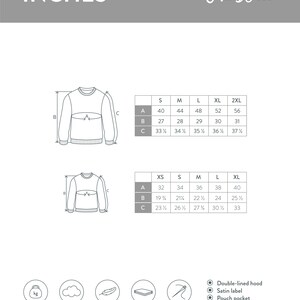 K&ouml;nnte beinhalten: Gr&ouml;&szlig;entabelle f&uuml;r einen Pullover in Zoll. Die Tabelle zeigt die Ma&szlig;e f&uuml;r Brustumfang, L&auml;nge und &Auml;rmell&auml;nge f&uuml;r die Gr&ouml;&szlig;en XS bis 2XL. Der Pullover besteht aus einer Mischung aus 50 % Baumwolle und 50 % Polyester. Er verf&uuml;gt &uuml;ber eine doppelte Kapuze, ein Satin-Etikett, eine K&auml;ngurutasche, 1x1 Ripp mit Elasthan, Zwillingsnadel-N&auml;hte und eine eliminierte Mittelnaht.
