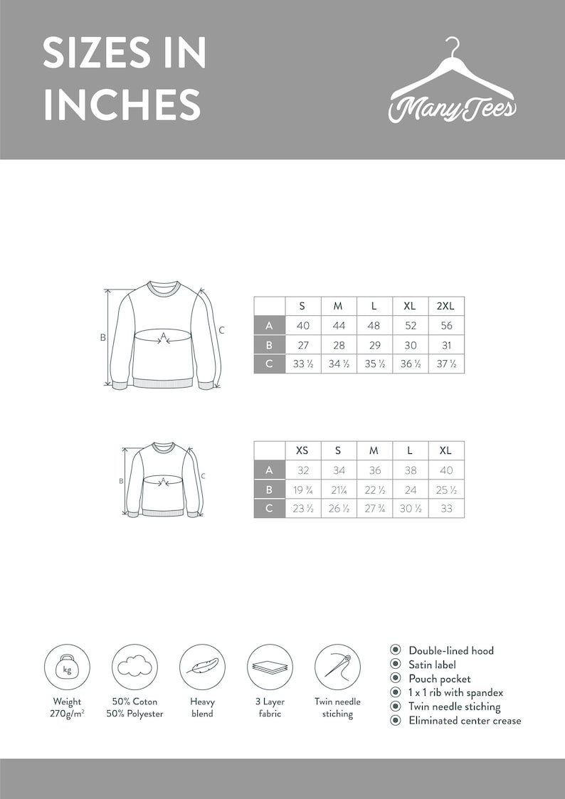 K&ouml;nnte beinhalten: Gr&ouml;&szlig;entabelle f&uuml;r einen Pullover in Zoll. Die Tabelle zeigt die Ma&szlig;e f&uuml;r Brustumfang, L&auml;nge und &Auml;rmell&auml;nge f&uuml;r die Gr&ouml;&szlig;en XS bis 2XL. Der Pullover besteht aus einer Mischung aus 50 % Baumwolle und 50 % Polyester. Er verf&uuml;gt &uuml;ber eine doppelte Kapuze, ein Satin-Etikett, eine K&auml;ngurutasche, 1x1 Ripp mit Elasthan, Zwillingsnadel-N&auml;hte und eine eliminierte Mittelnaht.