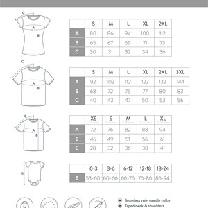Puede incluir: Tabla de tallas para camisetas y bodies en cent&iacute;metros. La tabla muestra las medidas para diferentes tallas, incluyendo XS, S, M, L, XL, 2XL y 3XL. La tabla tambi&eacute;n incluye las medidas para bodies de beb&eacute; en tallas 0-3, 3-6, 6-12, 12-18 y 18-24. La tabla incluye las medidas del pecho, la cintura y la longitud de la prenda. La tabla tambi&eacute;n incluye informaci&oacute;n sobre el peso de la tela, que es de 270 g/m&sup2;. La tabla tambi&eacute;n incluye informaci&oacute;n sobre la tela, que es 100% algod&oacute;n, suave y hilado en anillo, y con puntada de doble aguja.